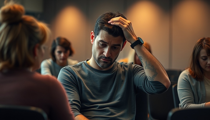 Group supporting man in therapy, discussing undiagnosed autism and addiction.