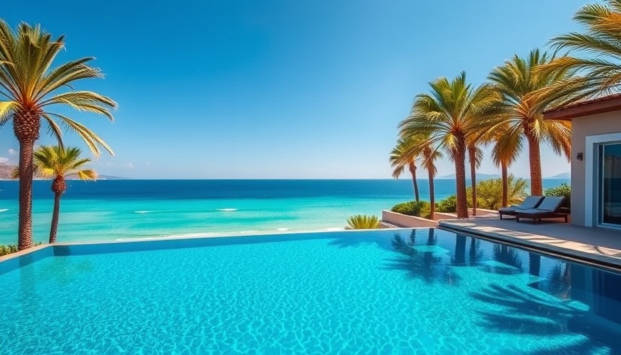 Luxurious villa with pool, Aegean Sea scenic views, palm-lined beach.