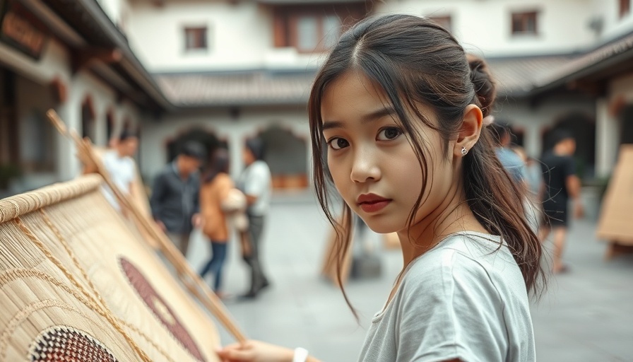 Young woman examining woven mats at outdoor event in courtyard.