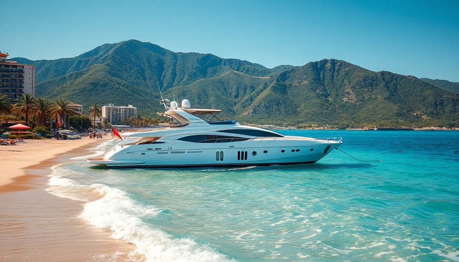Scenic Views of Alanya beach with yacht and palm trees.