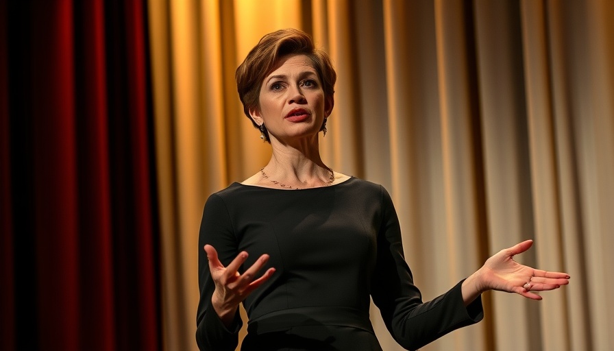 Elegant woman addressing audience at Tony Awards, spotlight onstage.