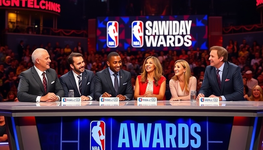 Panel discussion at NBA Awards with presenters and logos.