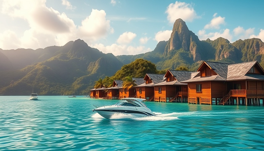 Scenic views of tropical island with mountains and yacht in vibrant waters.