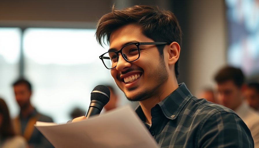 Engaging young man demonstrating nonverbal communication during a speech