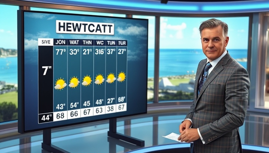 Male presenter in a South Florida weather forecast studio, explaining chart.