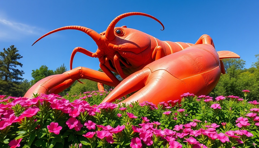 Giant lobster sculpture in Florida surrounded by vivid flowers.
