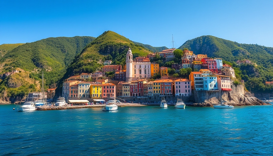 Scenic Views of colorful coastal town with boats and hills.