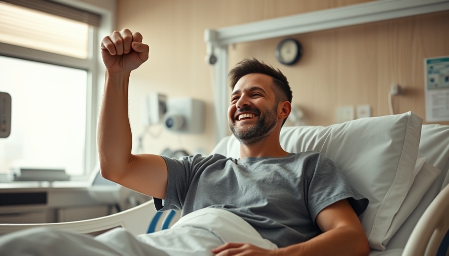 Man celebrates rare second liver transplant in hospital bed.