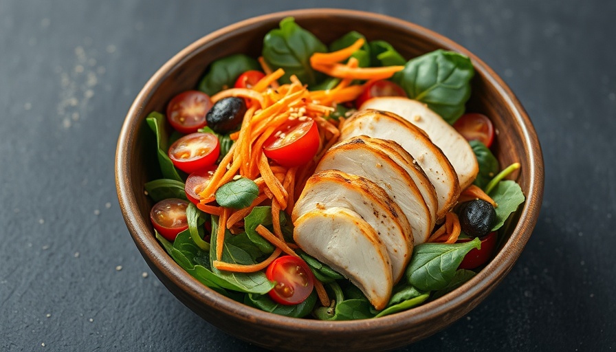 Heart-healthy foods like salad with grilled chicken for heart health.