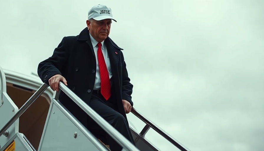 Middle East tensions: man in suit descends airplane stairs.