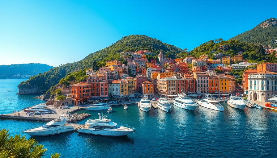 Portofino travel destination with colorful harbor and yachts.
