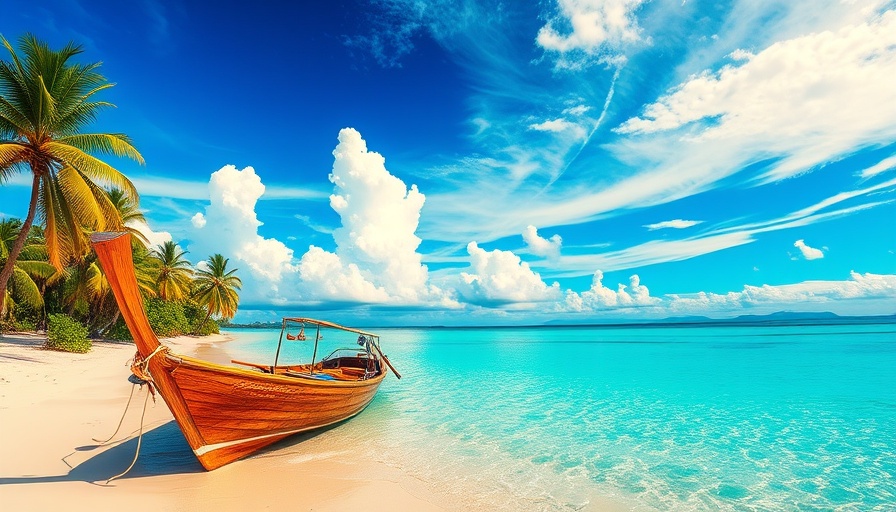 Tropical beach with boat and palm trees for travel inspiration.
