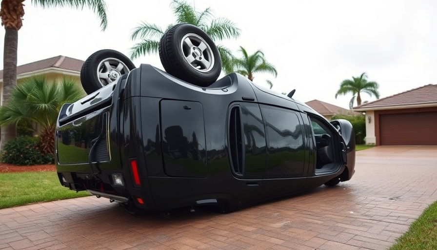 Flipped car in suburban driveway after accident in Brevard County.