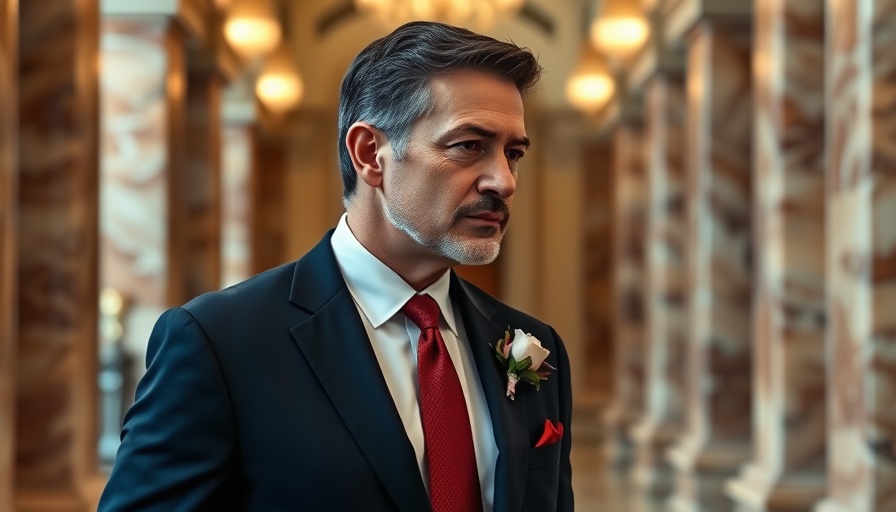 Man in suit with red tie in a hall, Blake Miguez US Senate Campaign.