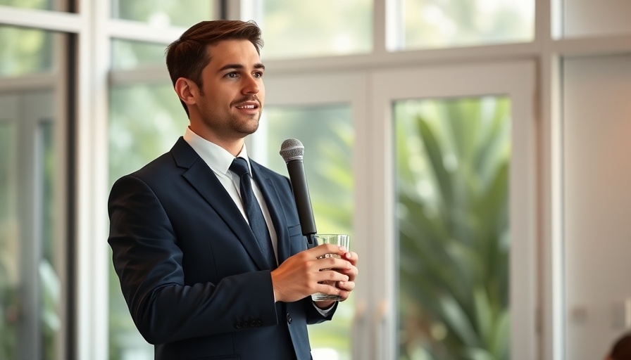 Young man delivers speech at event with glass doors and greenery.