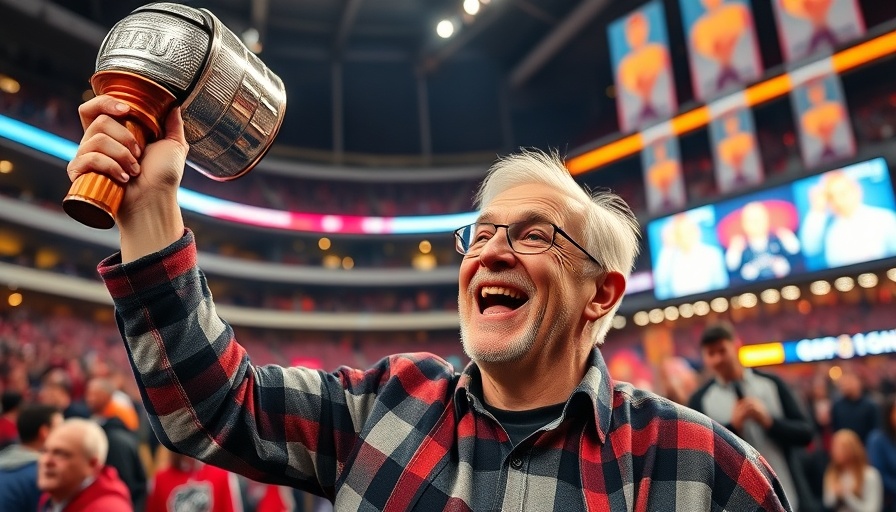 Florida Panthers fan celebrates with Stanley Cup replica at stadium.