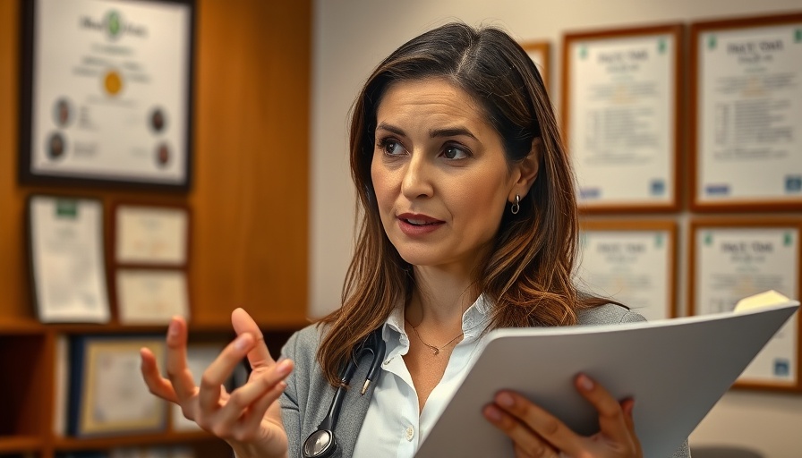 Woman explaining food allergy vs intolerance with certificates in background.