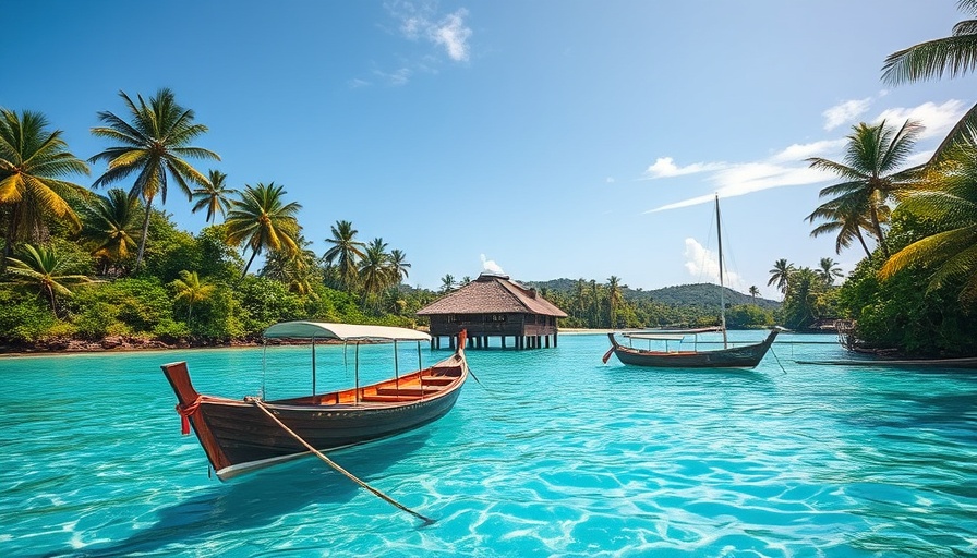 Scenic tropical beach in Koh Rong, Cambodia with huts and a boat.