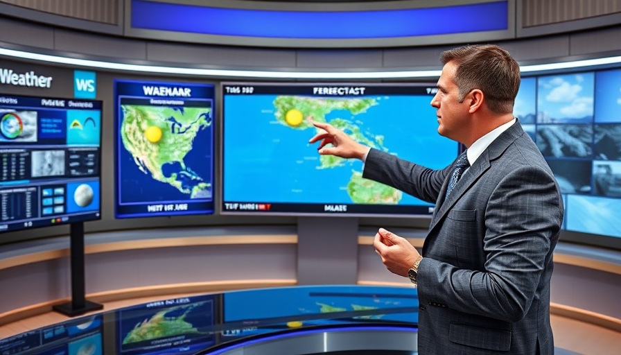 Meteorologist presents South Florida weather forecast on digital screen.