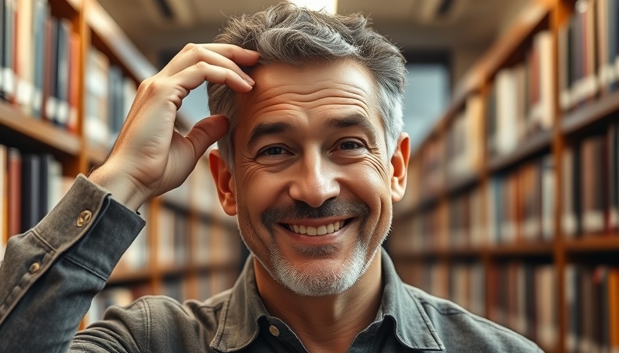 Middle-aged man smiling in library, representing memory improvement focus.