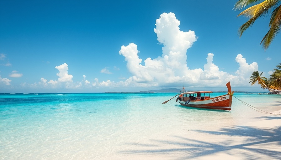 Scenic views of a tropical beach with turquoise water and a boat.