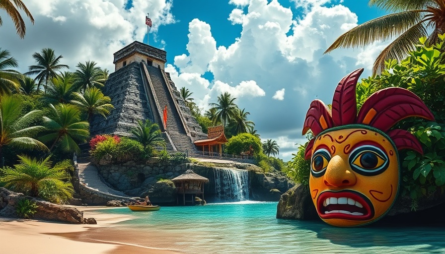 Scenic beach with pyramid and hut, Mexico travel destination.