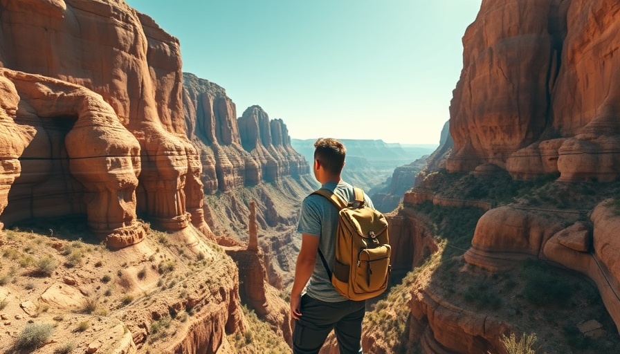 Young man exploring canyon landscape, ideal for budget travel adventure.
