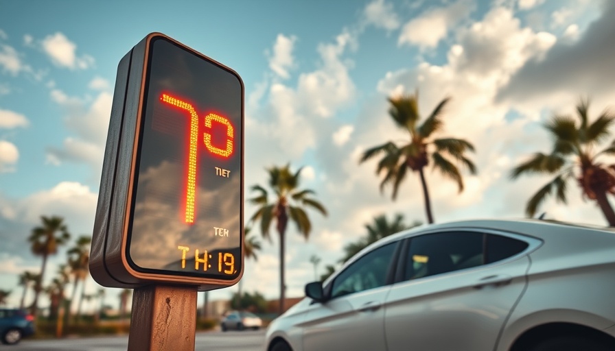 Temperature sign near a car highlights child deaths in hot cars danger.