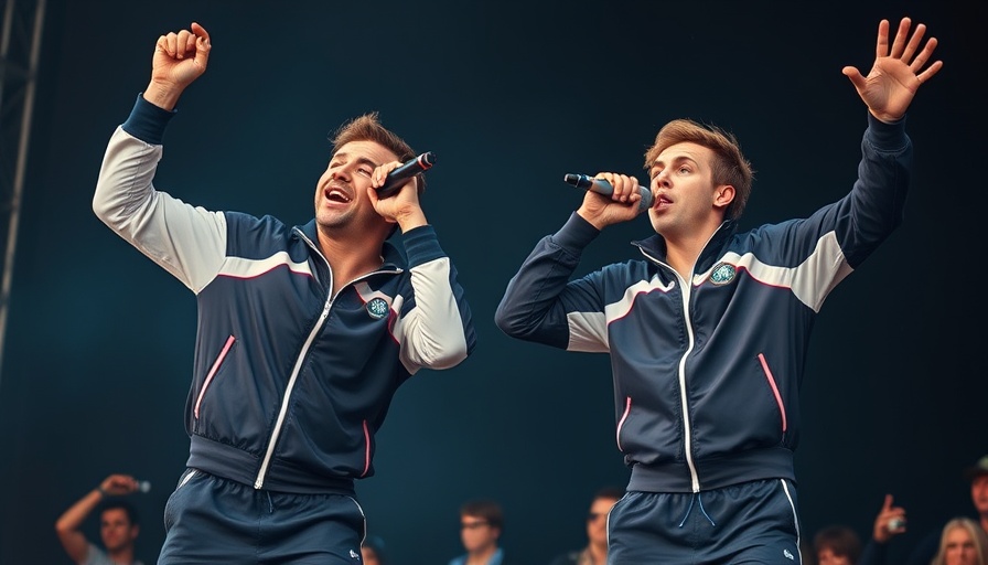 Performers on stage at Glastonbury Festival, one holding microphone.