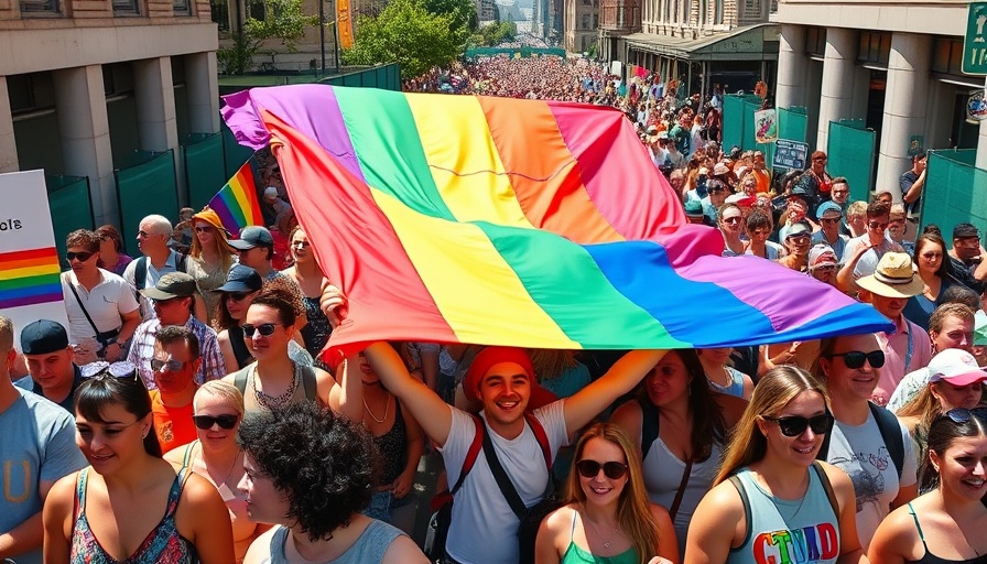Participants at St. Pete Pride Parade carrying a large rainbow flag.