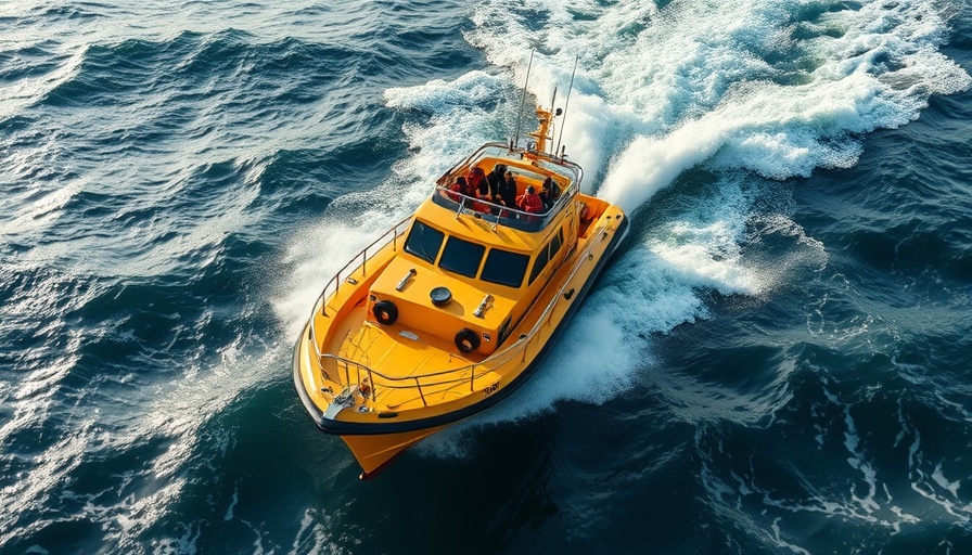 Disney cruise rescue boat in action on rough sea, aerial view.