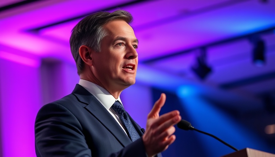 Man speaking at event with expressive hand gesture