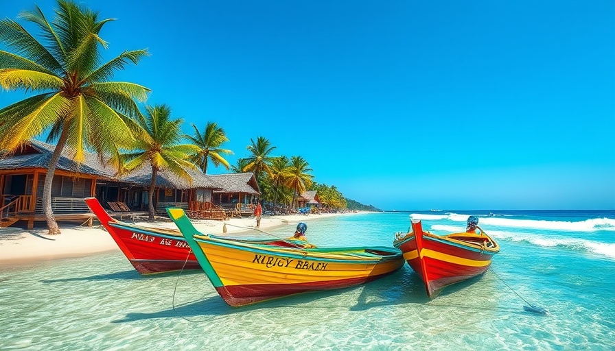 Tropical beach in Santa Catarina with colorful boats and palm trees.