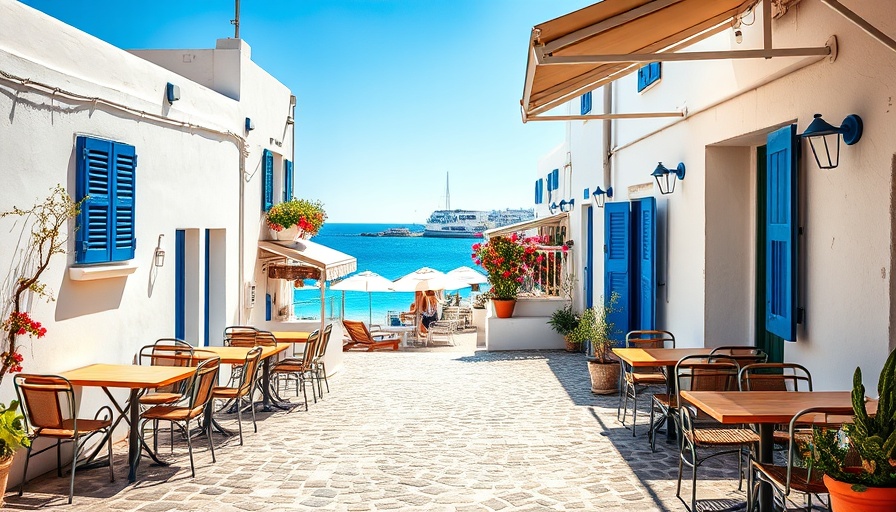 Picturesque outdoor cafe by the sea in Mykonos, Greece with white buildings.