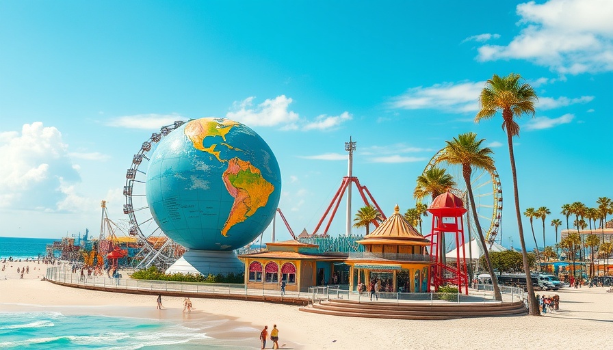 Vibrant theme park on Miami beach with globe sculpture, 4K UHD.