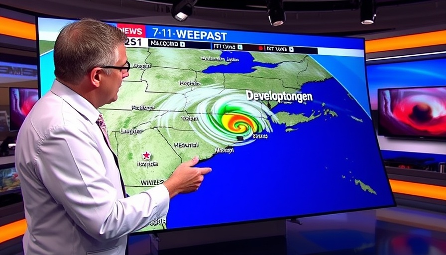 Meteorologist forecasting heavy rain this holiday weekend on weather map.