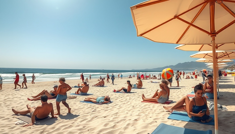 Busy beach on National Bikini Day with vibrant umbrellas and sunbathers.