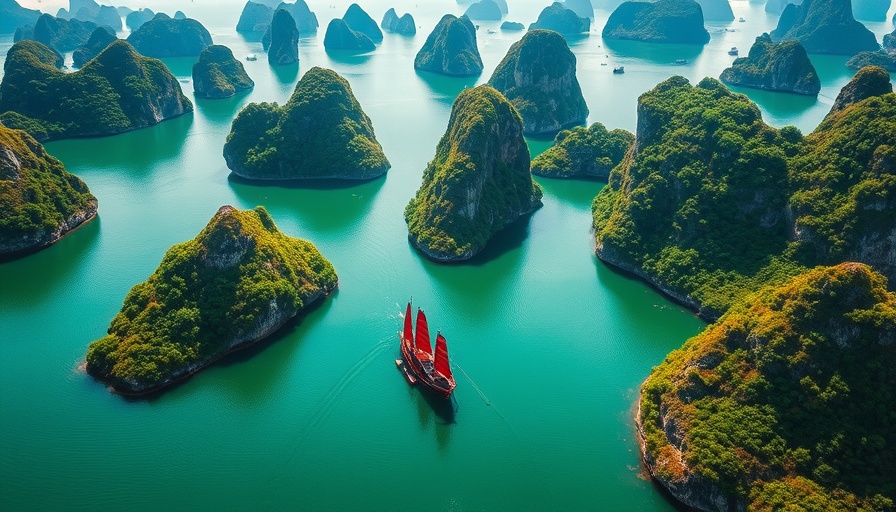 4K aerial footage of Ha Long Bay with boats and limestone islets.