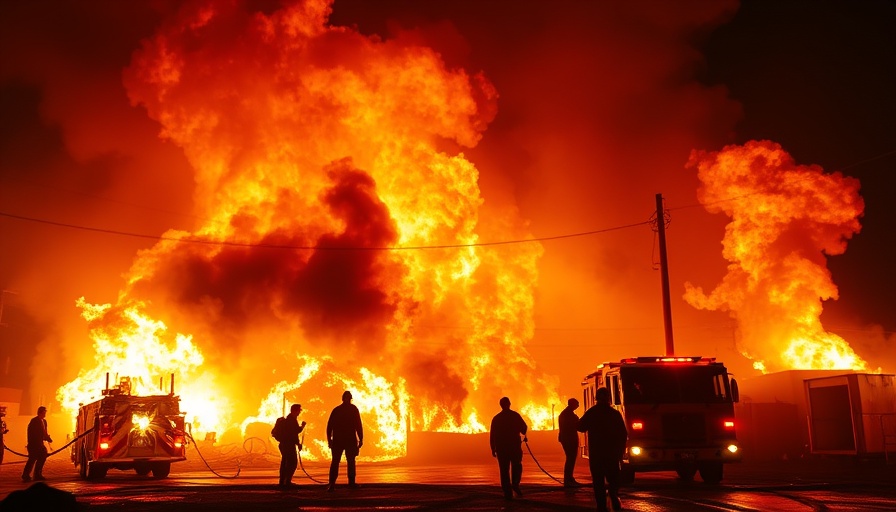 Firefighters battle intense flames at a nighttime airbase strike.