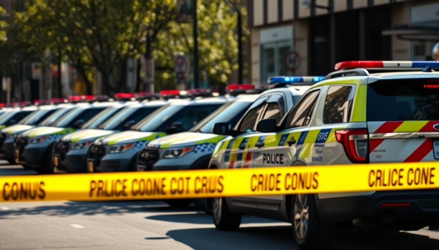 Orange County police vehicles at a crime scene with yellow tape.