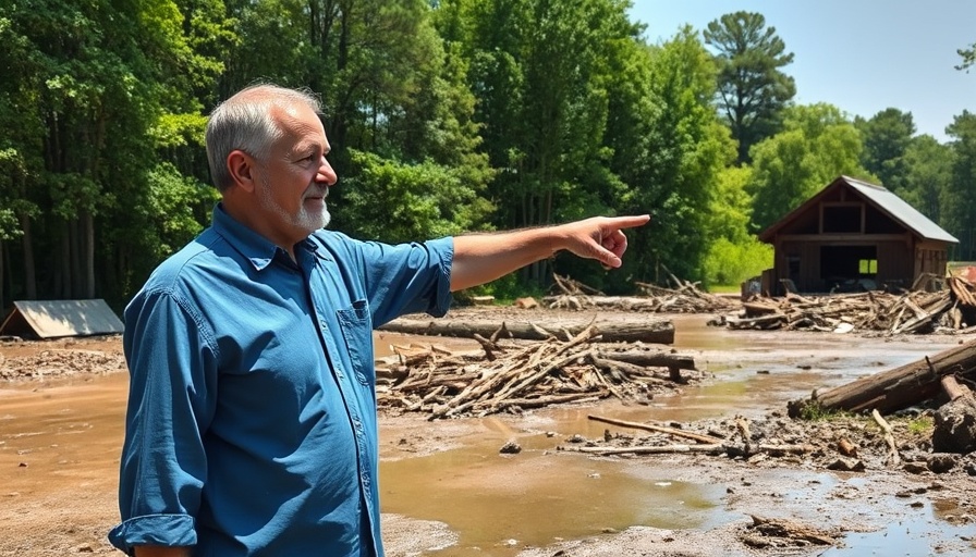 Flood aftermath at Camp Mystic Texas with man pointing.