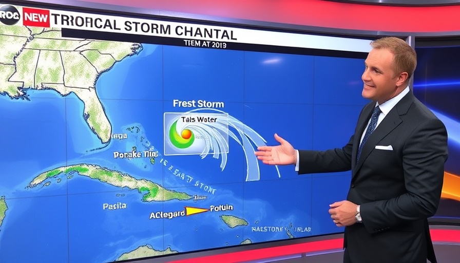 News broadcast of Tropical Storm Chantal analysis with weatherman.