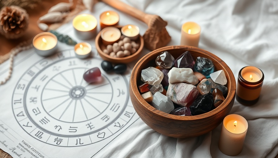 Serene astrology setup with crystals and candles on a table.