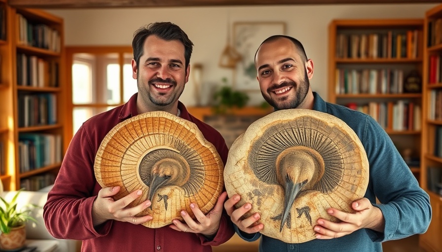 Two men indoors holding moa fossils, linked to de-extinction plan.