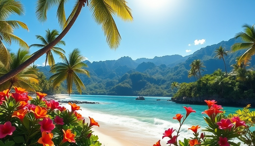 Maui scenic views with lush beach, mountains, and palm trees.