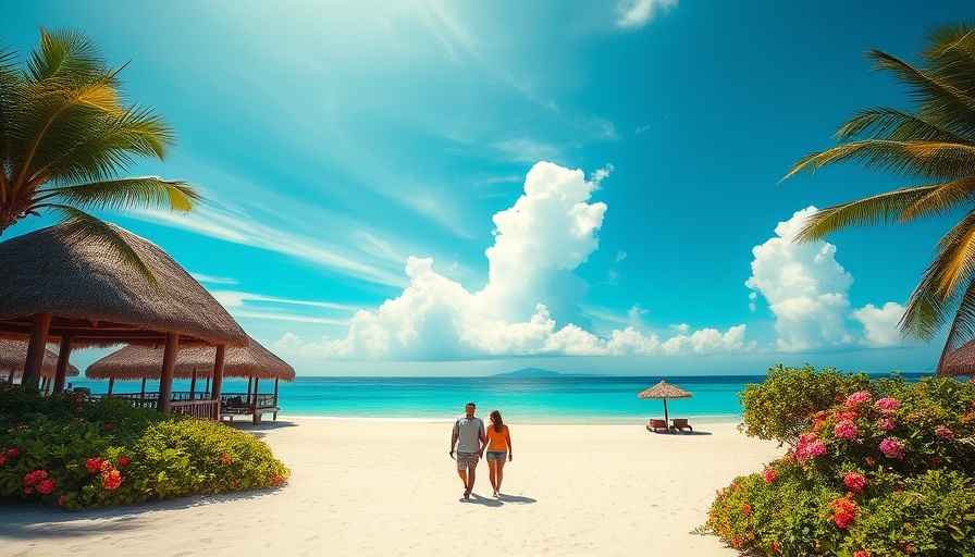 4K Aerial Footage of tropical beach paradise with palm trees.