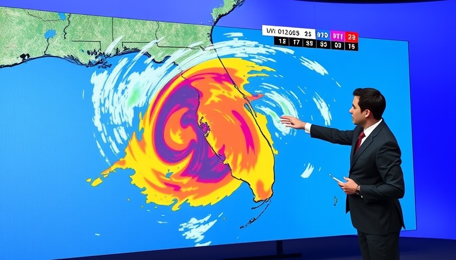 Weather reporter discusses Florida Weather Forecast over digital map in studio.