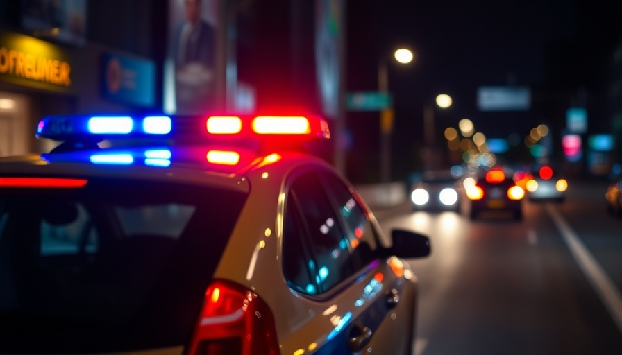 Police car lights in Orange County night scene, emergency response.