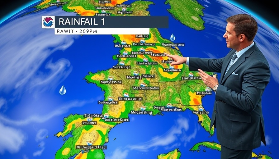 Gulf Coast rainfall forecast with meteorologist pointing at map, showing rainfall patterns and cities.