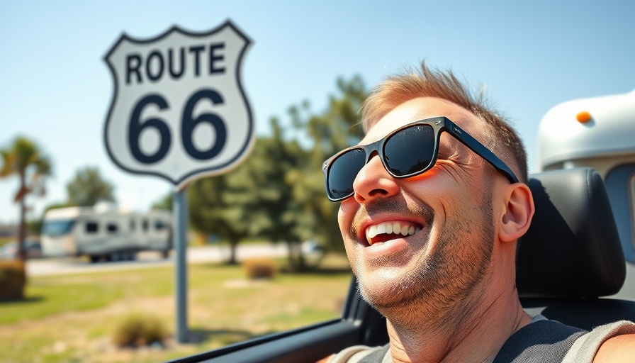 Man on Route 66 road trip near Chicago sign.
